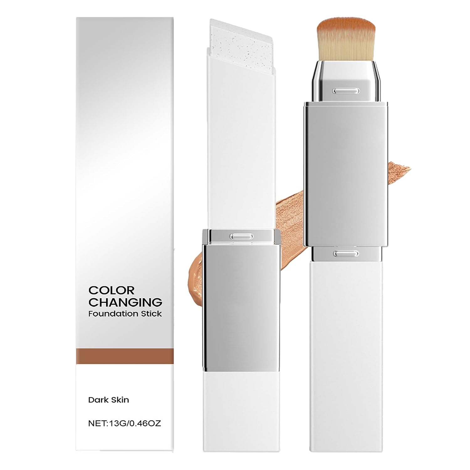 Color Changing Foundation Stick, Dual-Ended Foundation & Concealer Stick with Brush, Lightweight Coverage, Smooth Blendable Finish, Portable for Daily Use (Dark Skin)