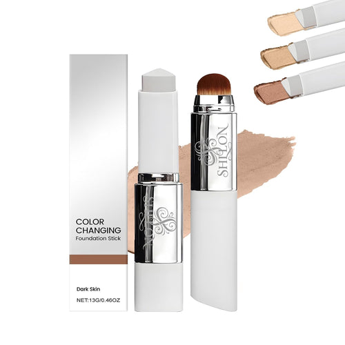 Color Changing Foundation Stick- Korean Color-Changing Foundation Stick with Volufiline - Medium to Full Coverage Dewy Finish Base Makeup - Dual-Ended with soft Brush, Portable for Daily Use-Deep Skin