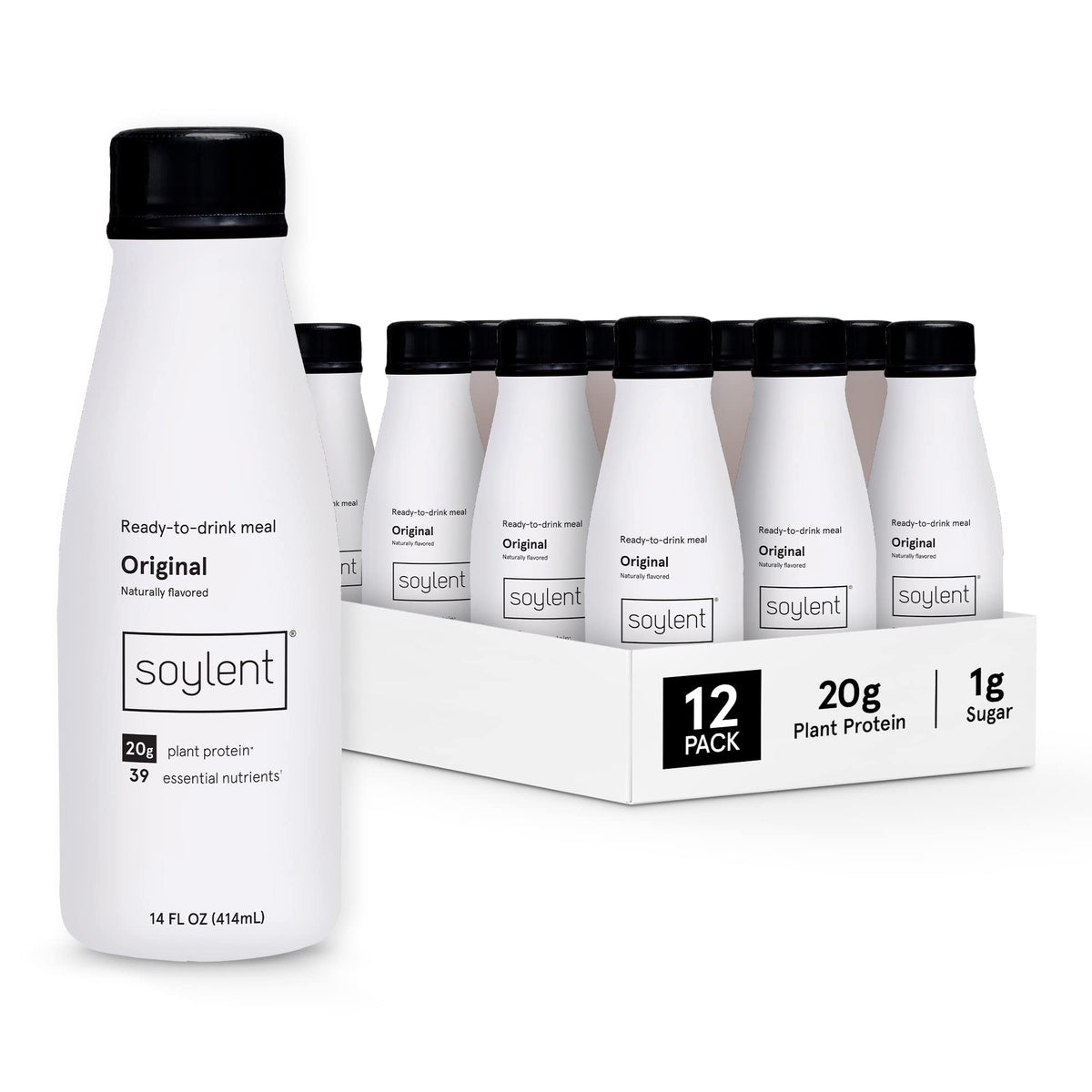 Soylent Strawberry Meal Replacement Shake, Ready-to-Drink Plant Based Protein Drink, Contains 20g Complete Vegan Protein and 1g Sugar, 14oz, 12 Pack