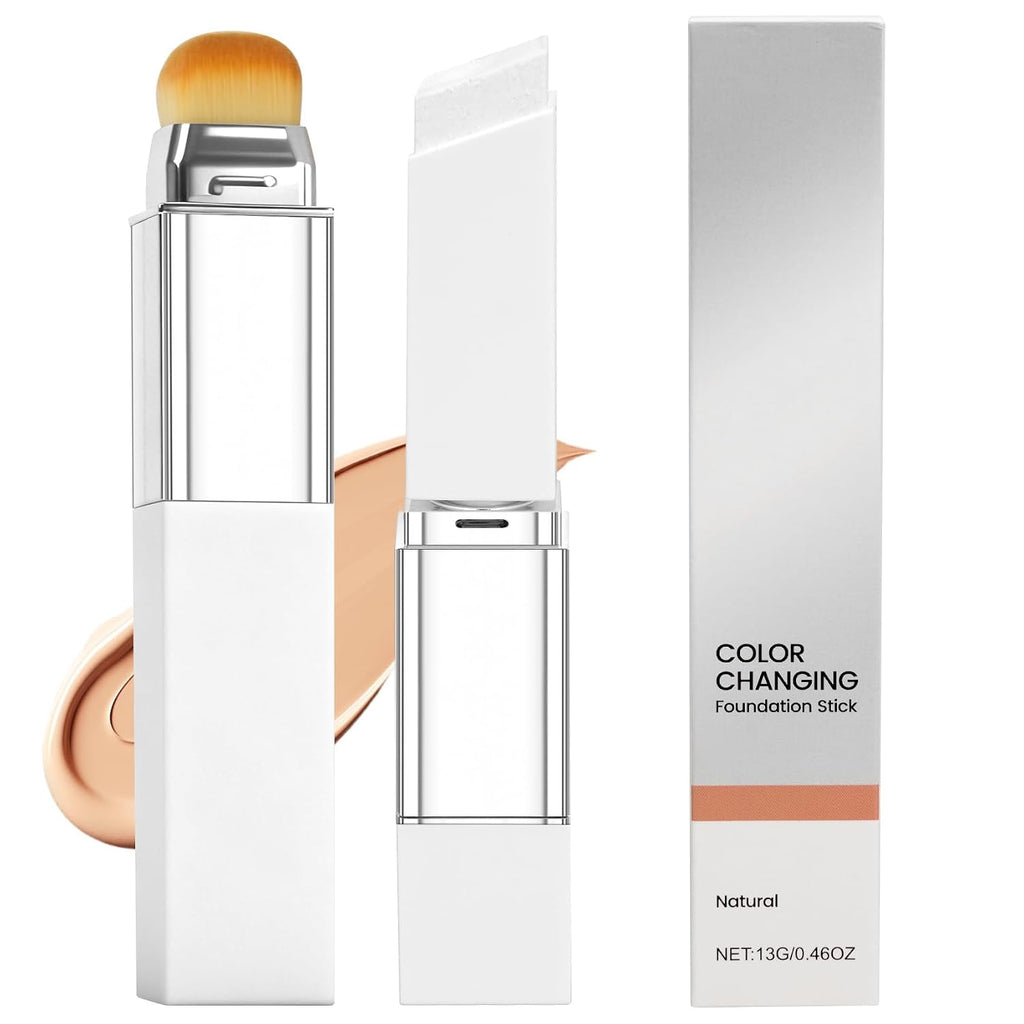 Color Changing Foundation Stick with Volufiline - Hydrating Concealer Base Makeup, Dual-Ended with Built-in Brush, Portable for Daily Use (Natural)