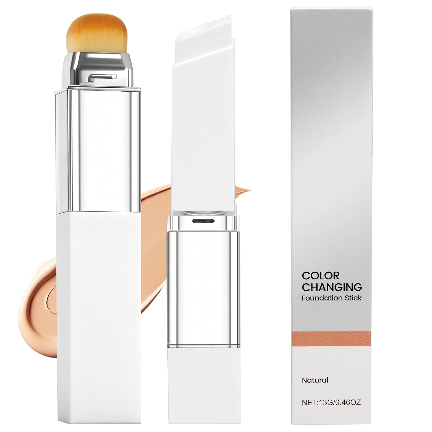 Color Changing Foundation Stick with Volufiline - Hydrating Concealer Base Makeup, Dual-Ended with Built-in Brush, Portable for Daily Use (Natural)