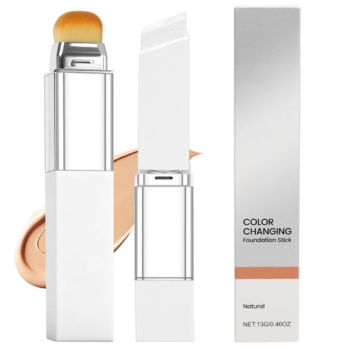 Color Changing Foundation Stick with Volufiline - Hydrating Concealer Base Makeup, Dual-Ended with Built-in Brush, Portable for Daily Use (Natural)