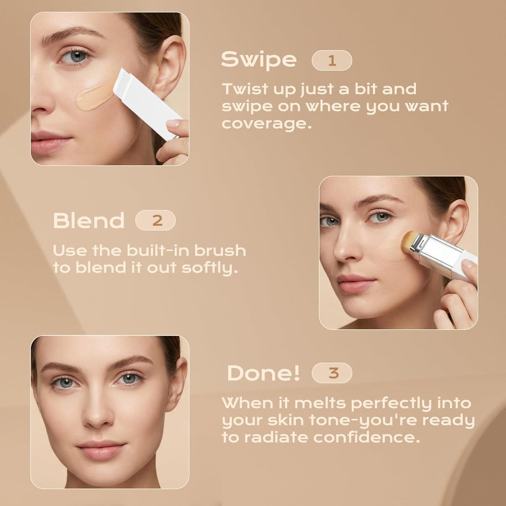 Color Changing Foundation Stick with Volufiline - Hydrating Concealer Base Makeup, Dual-Ended with Built-in Brush, Portable for Daily Use (Natural)