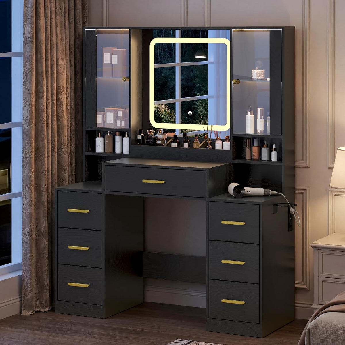BORNOON Vanity Desk with Mirror and Lights, Makeup Vanity with 7 Drawers, 2 Glass Door Cabinets, Charging Station, Adjustable Shelves, RGB Lighting, Holder
