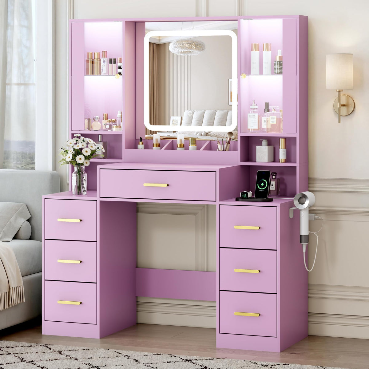 BORNOON Vanity Desk with Mirror and Lights, Makeup Vanity with 7 Drawers, 2 Glass Door Cabinets, Charging Station, Adjustable Shelves, RGB Lighting, Holder