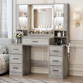 BORNOON Vanity Desk with Mirror and Lights, Makeup Vanity with 7 Drawers, 2 Glass Door Cabinets, Charging Station, Adjustable Shelves, RGB Lighting, Holder