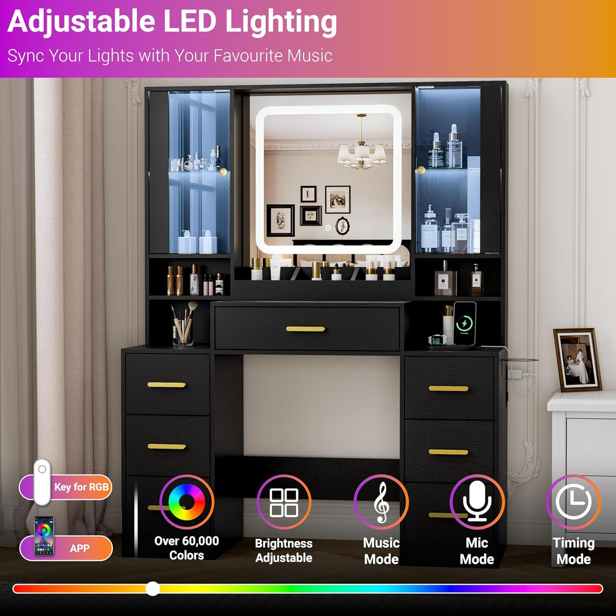 BORNOON Vanity Desk with Mirror and Lights, Makeup Vanity with 7 Drawers, 2 Glass Door Cabinets, Charging Station, Adjustable Shelves, RGB Lighting, Holder