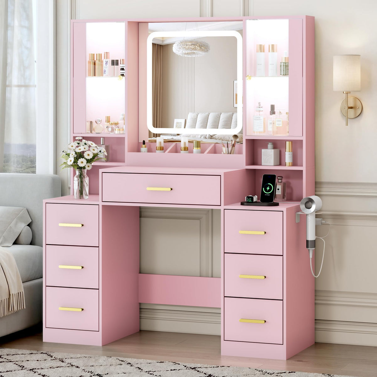 BORNOON Vanity Desk with Mirror and Lights, Makeup Vanity with 7 Drawers, 2 Glass Door Cabinets, Charging Station, Adjustable Shelves, RGB Lighting, Holder