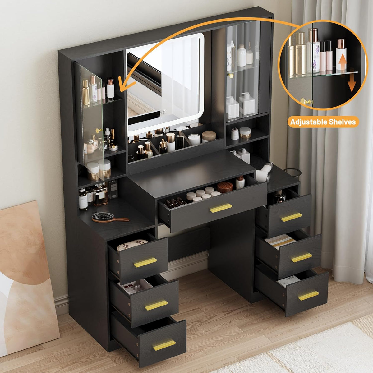 BORNOON Vanity Desk with Mirror and Lights, Makeup Vanity with 7 Drawers, 2 Glass Door Cabinets, Charging Station, Adjustable Shelves, RGB Lighting, Holder