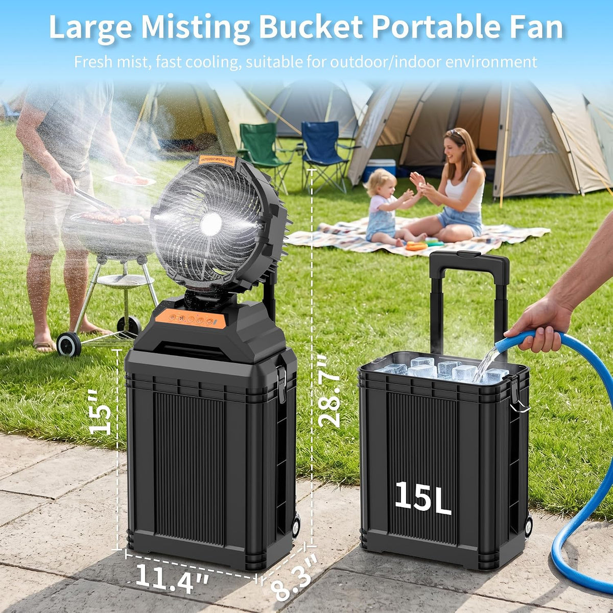 WESTTREE Misting Fan Portable Rechargeable with 4 Gal Large Bucket, Mist Fan with Retractable Handle & Oscillating Mister Outdoor Camping Cooling Fan for Patio/Beach/Fishing/Golf/Travel Essentials