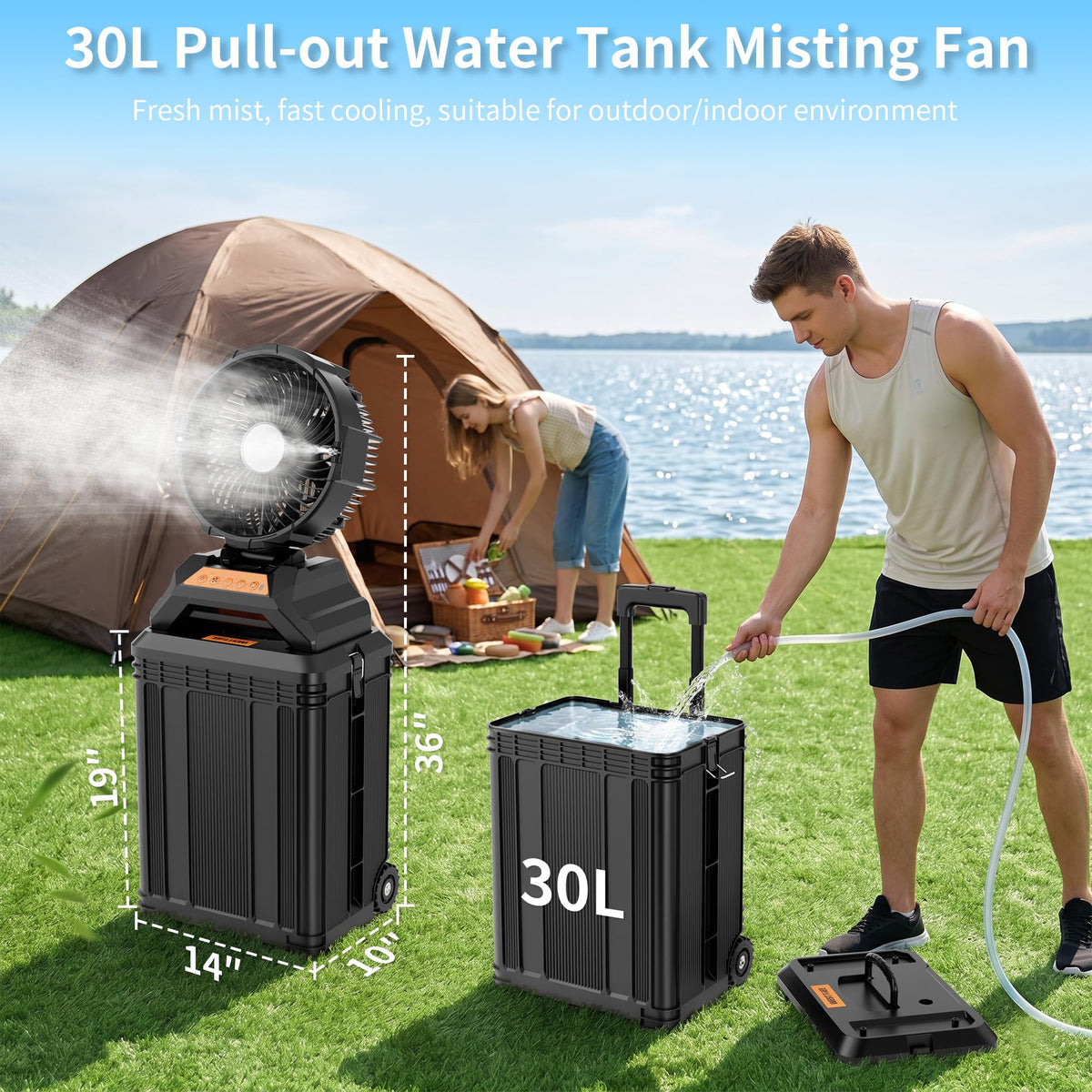 WESTTREE Misting Fan Portable Rechargeable with 4 Gal Large Bucket, Mist Fan with Retractable Handle & Oscillating Mister Outdoor Camping Cooling Fan for Patio/Beach/Fishing/Golf/Travel Essentials